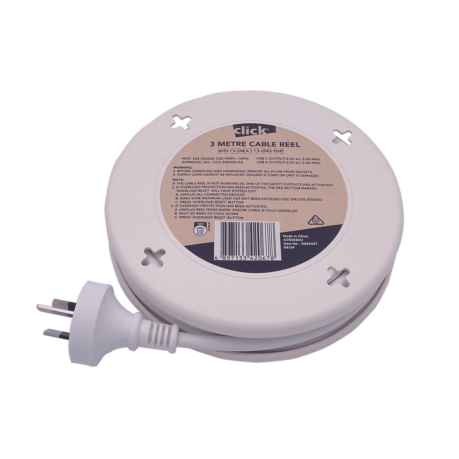 Click 3 Metre 3 Outlet Cable Reel with USB Charger CCR303CU 10A 2400W