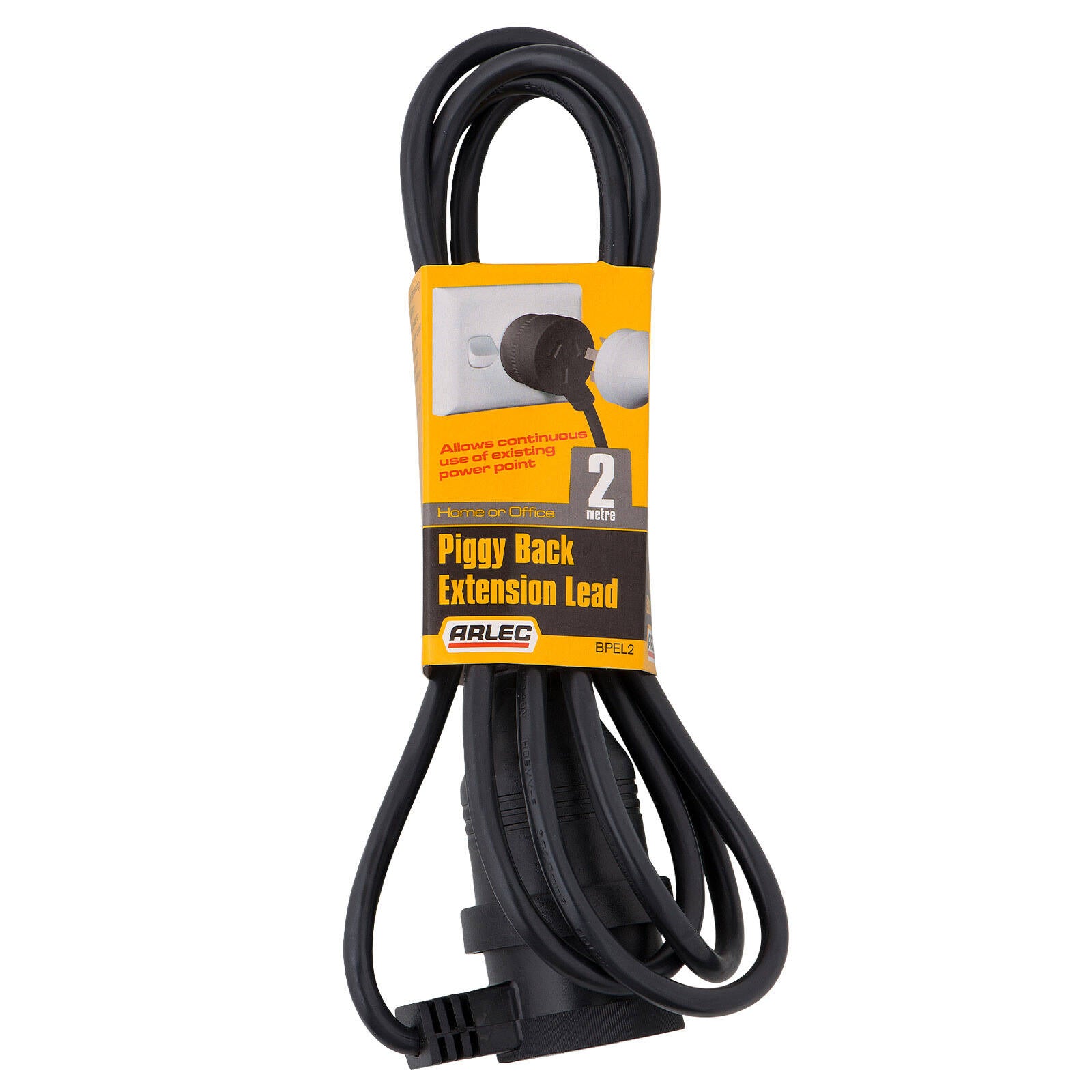 Arlec 2m Piggyback Extension Lead, 10A 2400W, Double Outlet, Indoor/Outdoor, Black