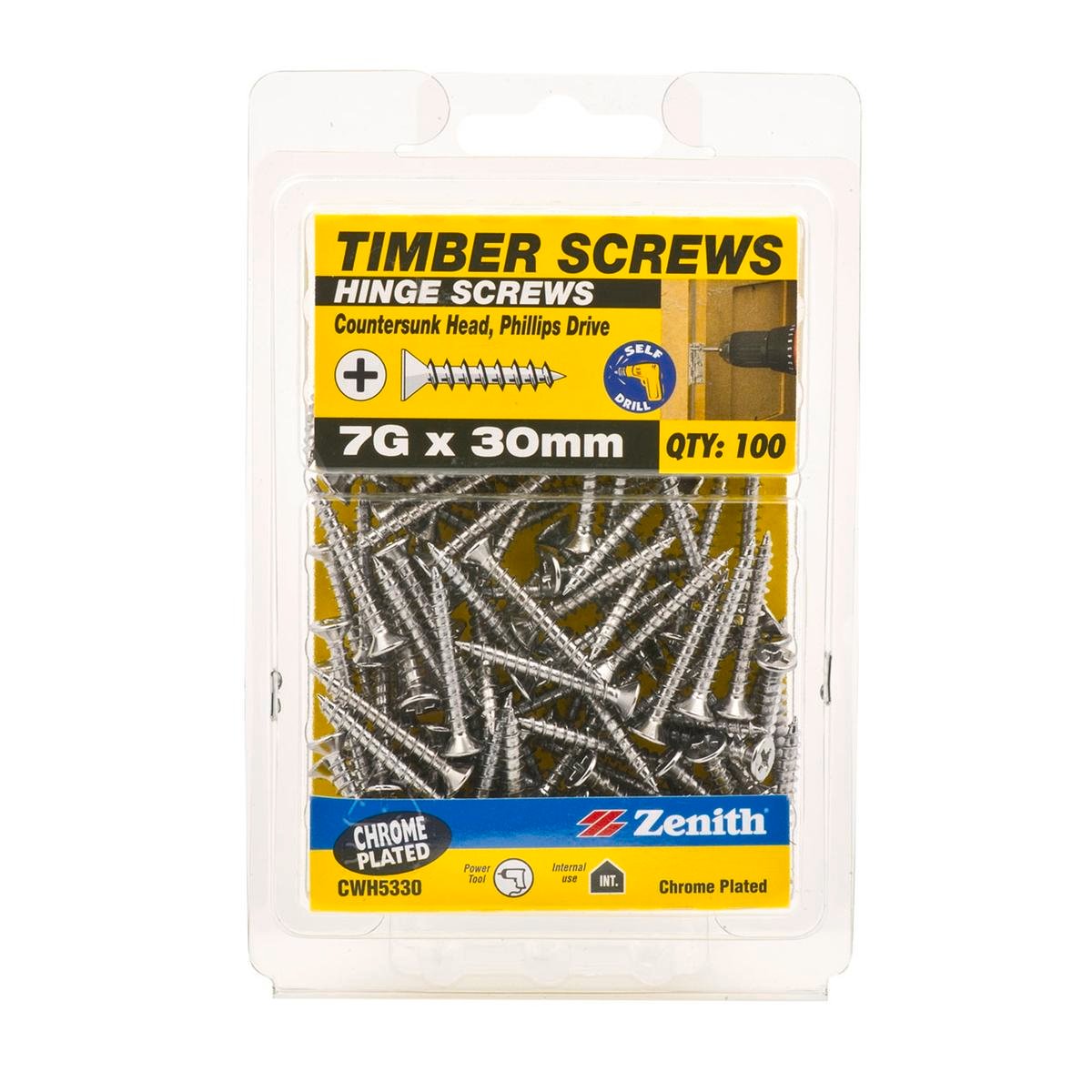 Zenith 7G x 30mm Chrome Plated Countersunk Hinge Timber Screws - 100 Pack