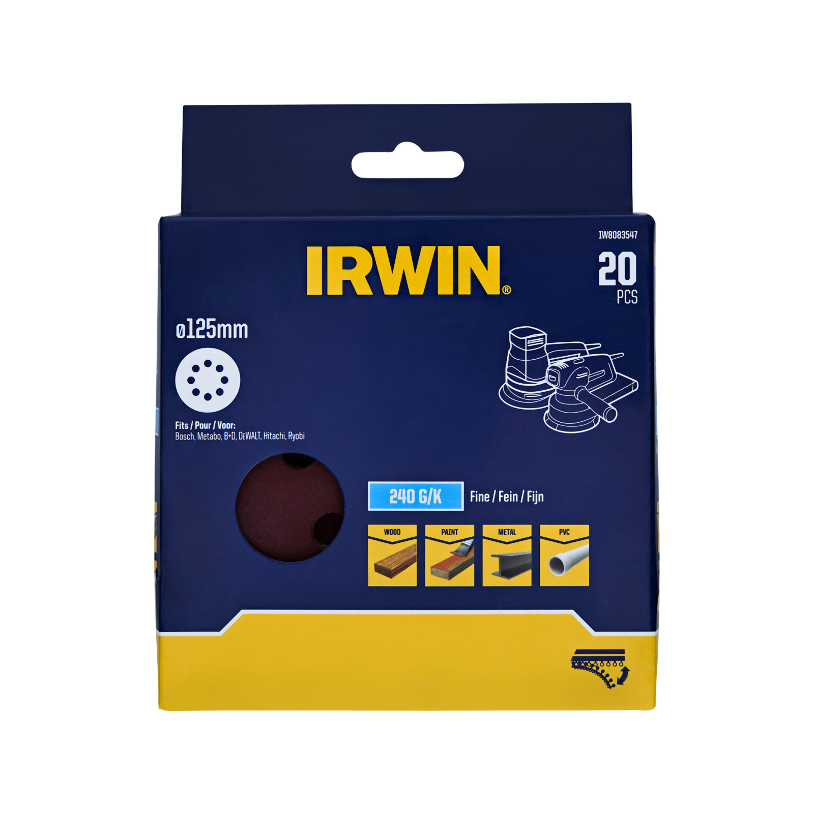 Irwin 125mm 240 Grit 8-Hole Quick Fit Random Orbital Sanding Discs - 20 Pack