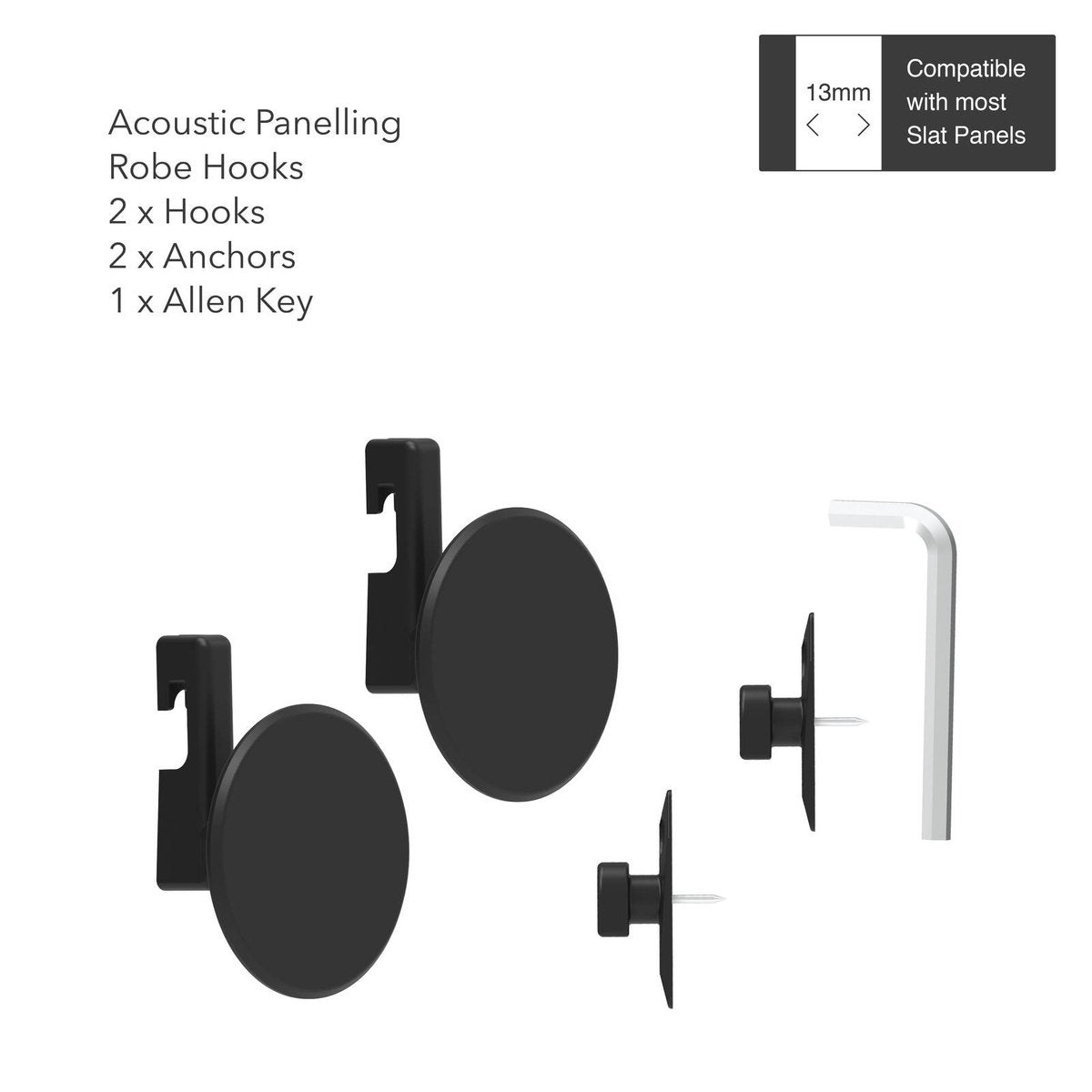 MODE Acoustic Panelling Robe Hooks Black 2 Pack