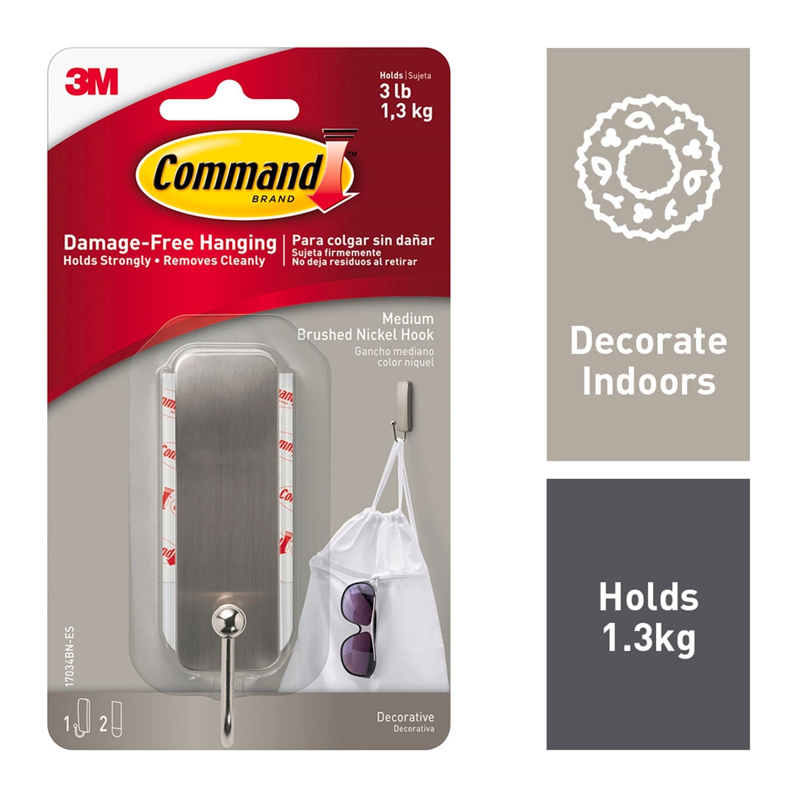 Command Medium Brushed Nickel Single Wall Hook 1 Pack