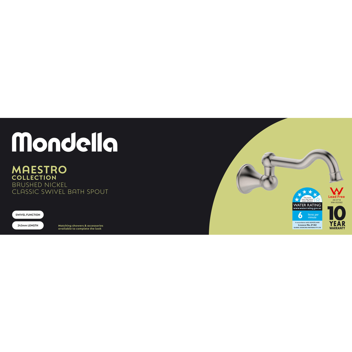 Mondella Maestro Classic Swivel Bath Spout 243mm Brushed Nickel Lead Free Brass 6L/min 5 Star WELS