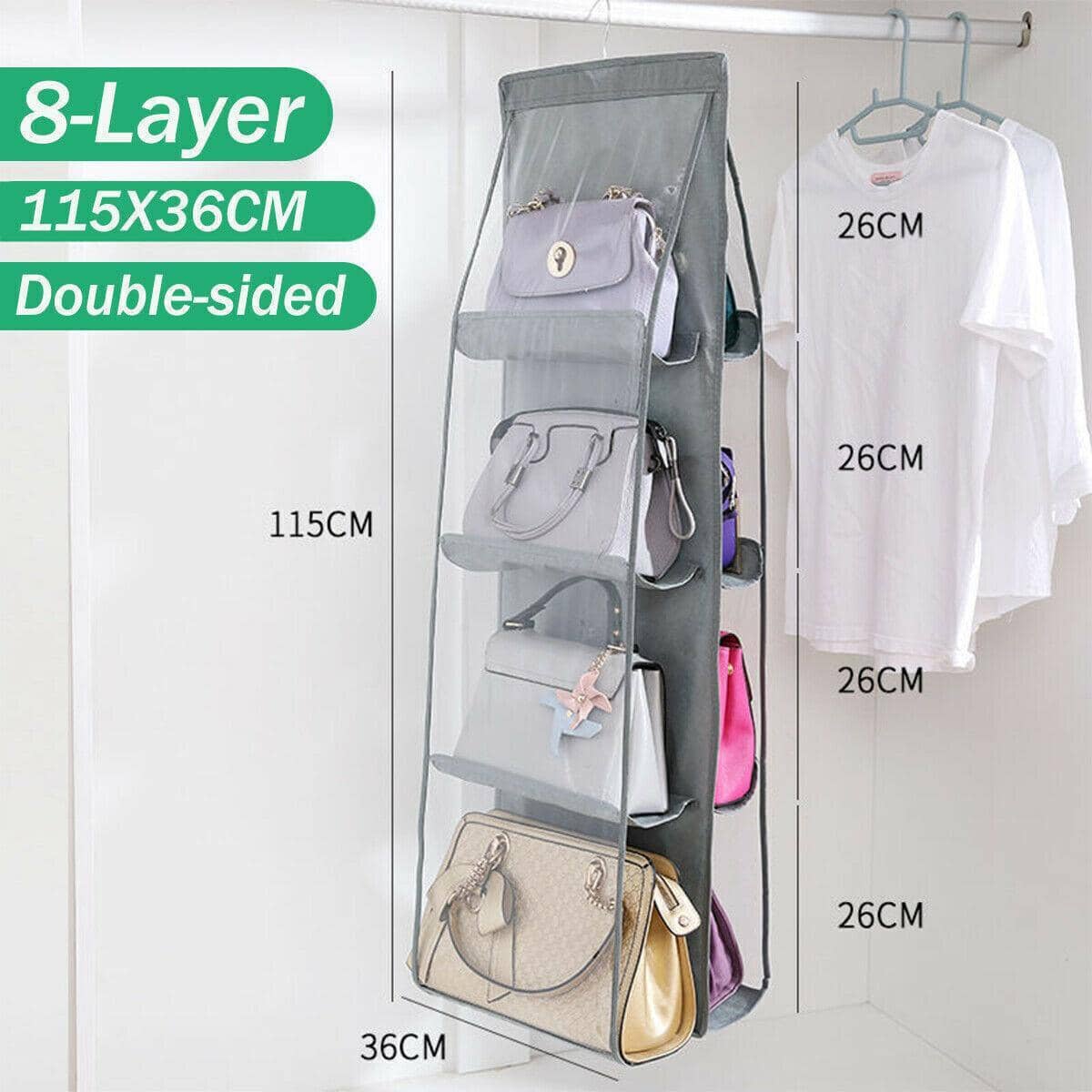 8 Pocket Double-Sided Hanging Handbag Organiser - Grey - view 5