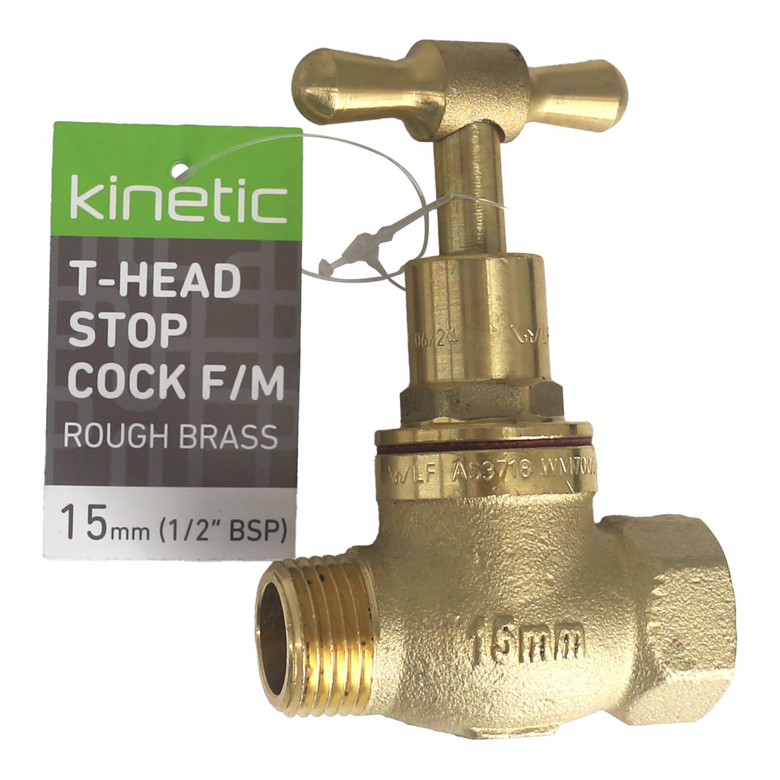 Kinetic 15mm Brass Male & Female T-Head Stop Cock, Lead Free Brass, Hot & Cold