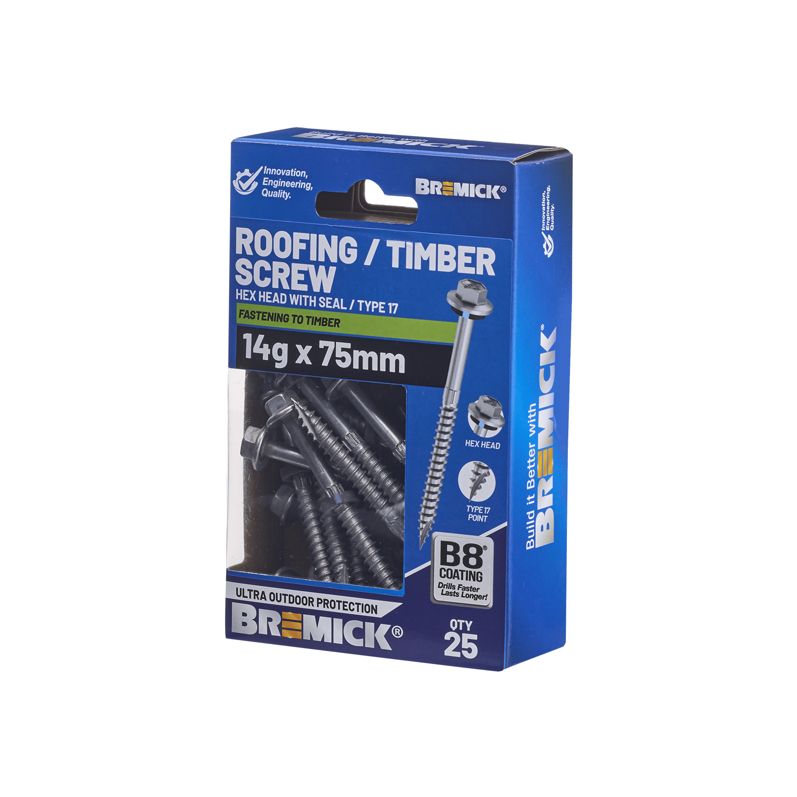 Bremick 14G x 75mm Roofing/Timber Hex Screw with Seal, Type 17 Coarse Thread - 25 Pack