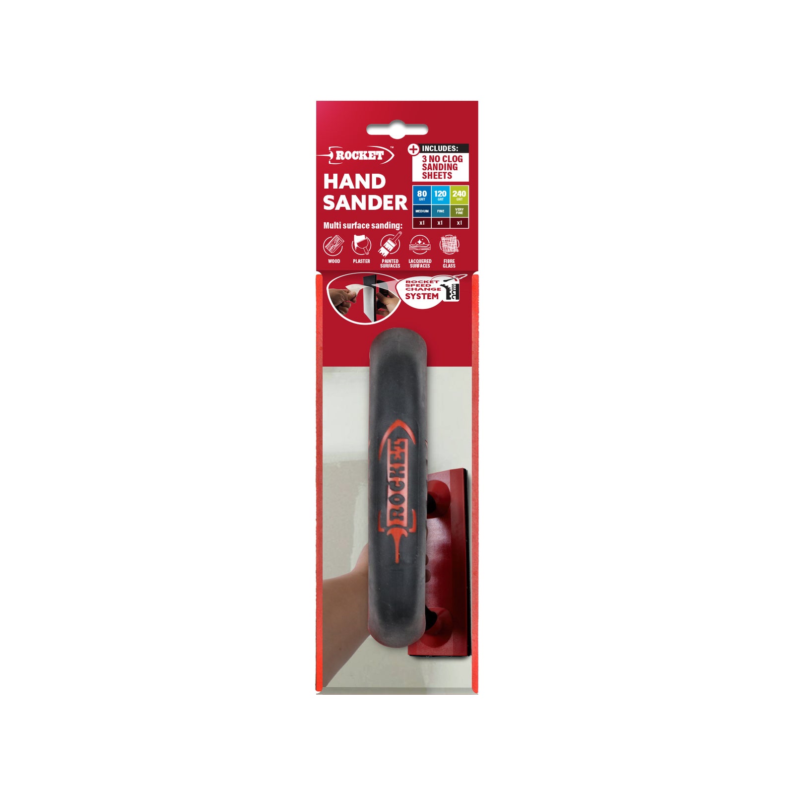 Rocket Hand Sander 90mm, Hook & Loop with Rubber Grip and Sandpaper Sheets