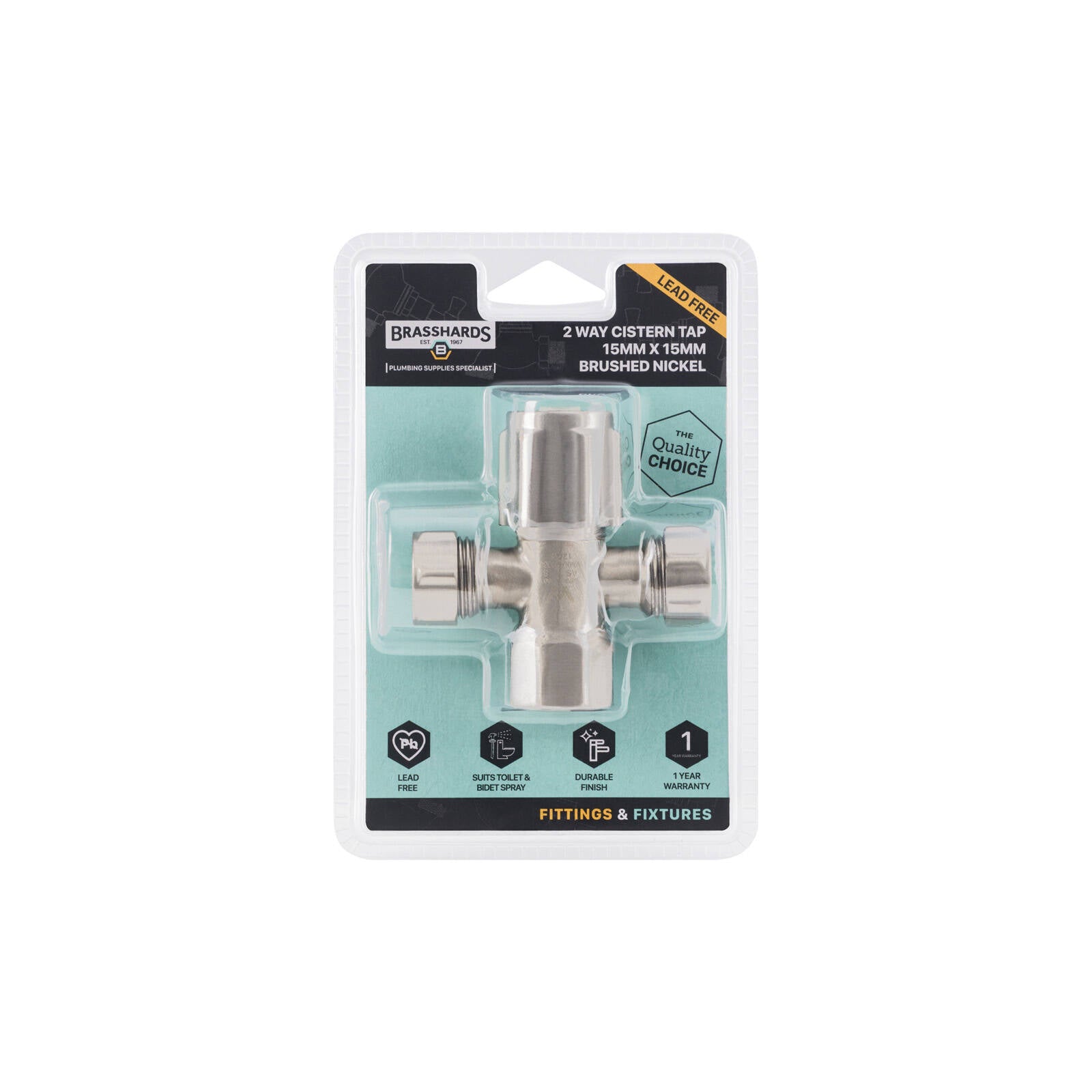 Brasshards 2 Way Cistern Tap 15mm x 15mm Brushed Nickel Brass Lead Free