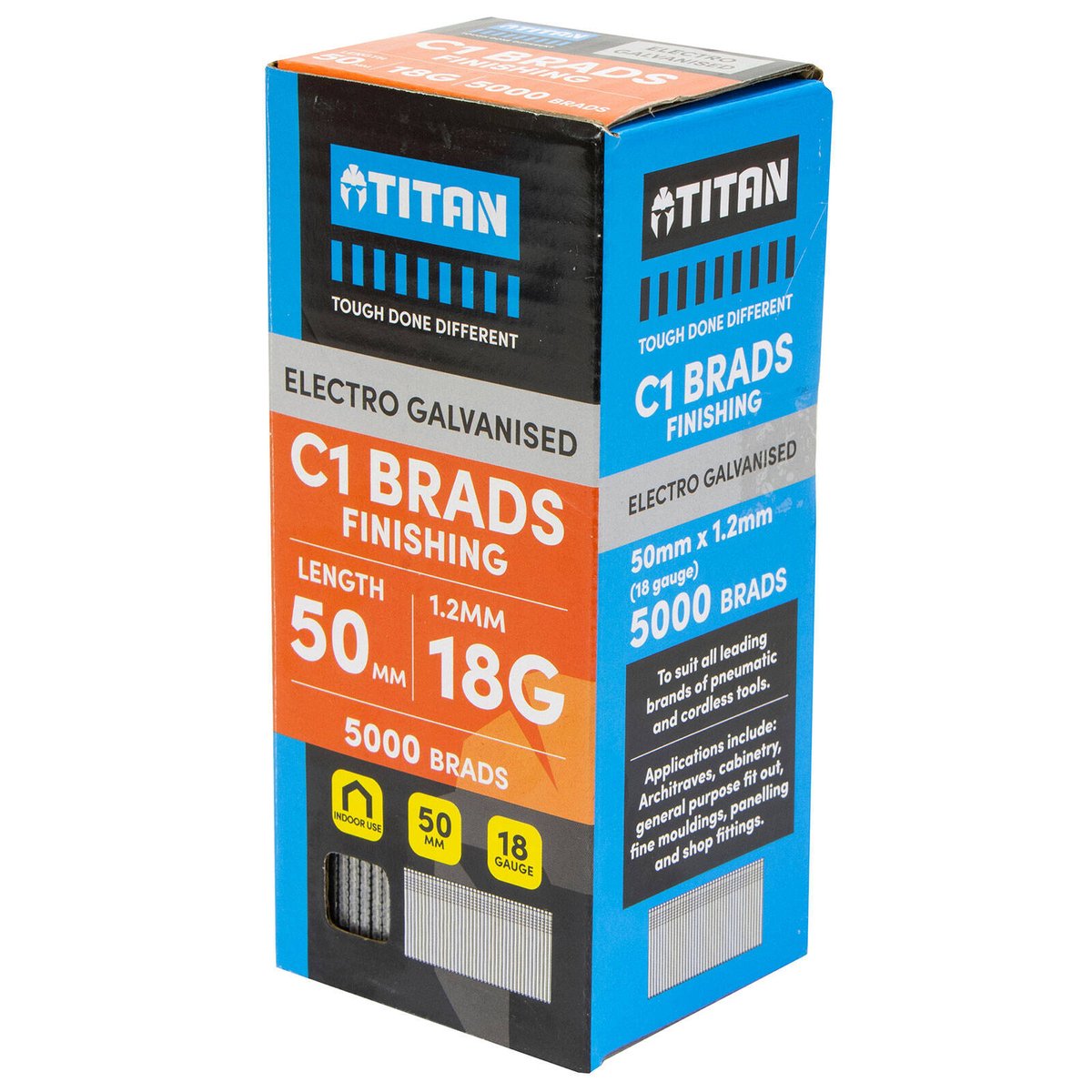Titan 50 x 1.25mm Electro Galvanised Straight Collated C1 Brad Nails 5000 Pack