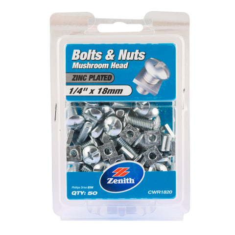 Zenith 1/4" x 18mm Zinc Plated Mushroom Head Bolt and Nut - 50 Pack
