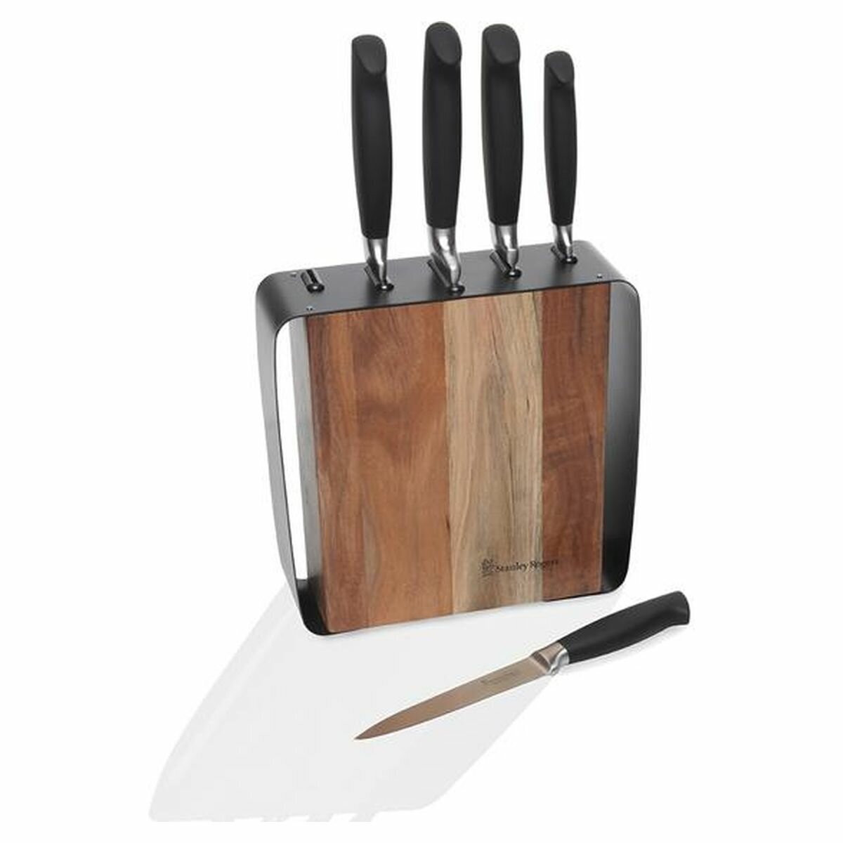 Stanley Rogers Framed Acacia 6-Piece Knife Block Set - Soft Touch Matte Black Handles - 41413
