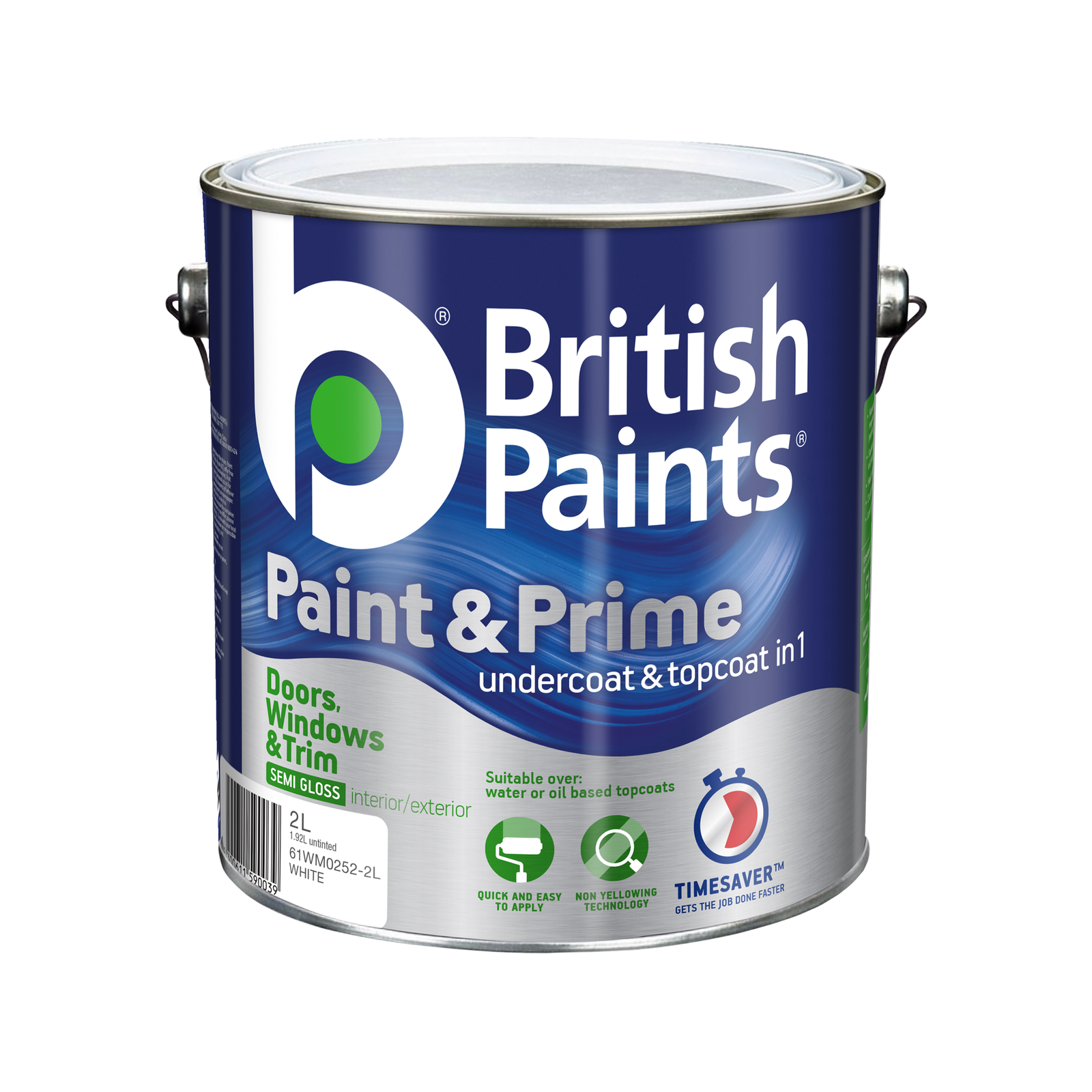 British Paints 2L White Semi Gloss Doors Windows and Trim Paint and Prime Tintable