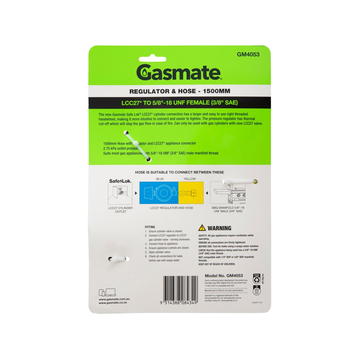 Gasmate Regulator & Hose 1500mm LCC27 to 5/8" UNF (3/8" SAE)