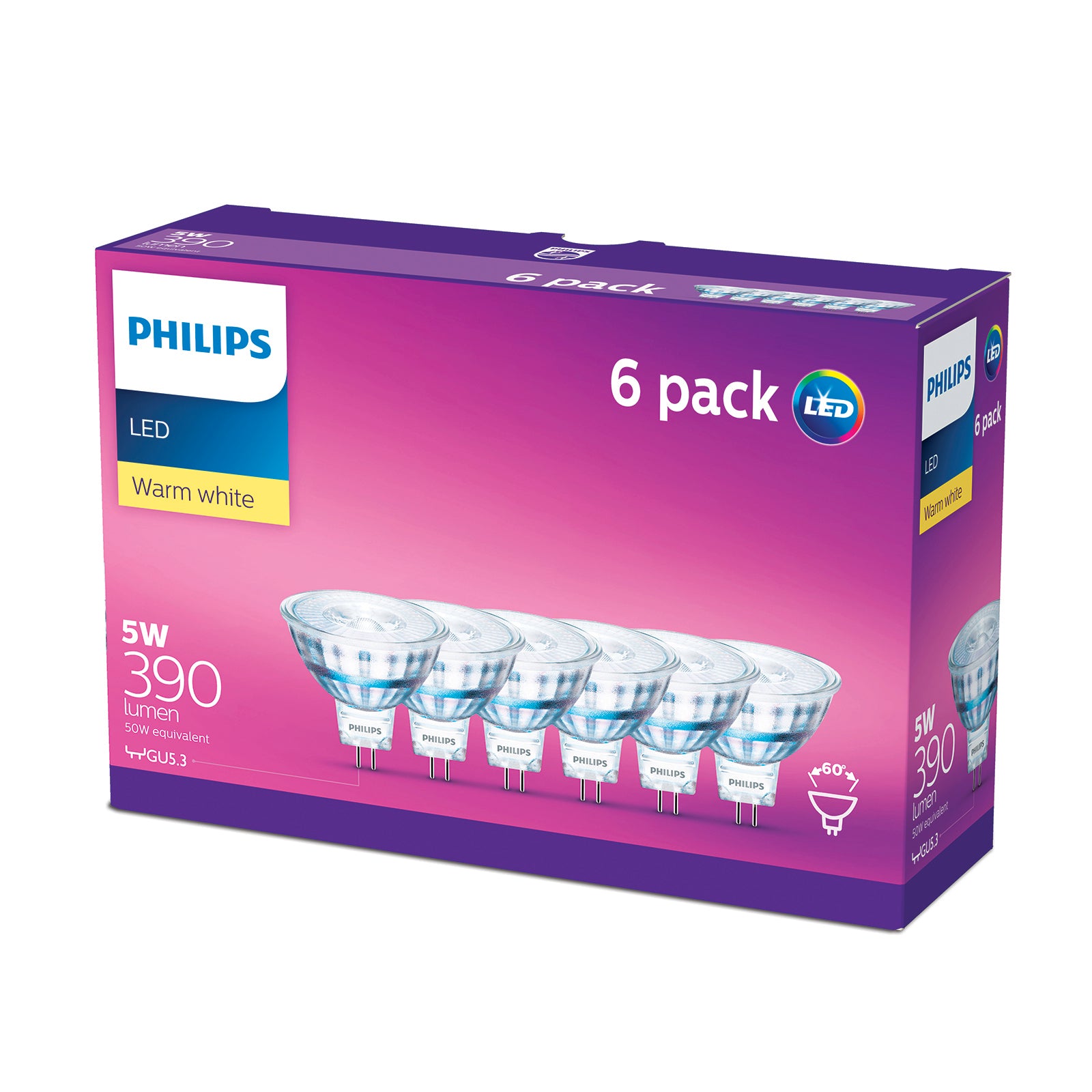 Philips 5W MR16 Warm White LED Classic Globe 390lm 3000K 6 Pack Indoor 929001280498
