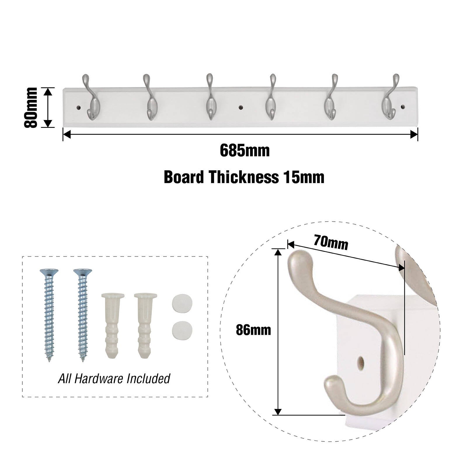 Syneco 685mm White MDF Coat Rack 6 Hooks