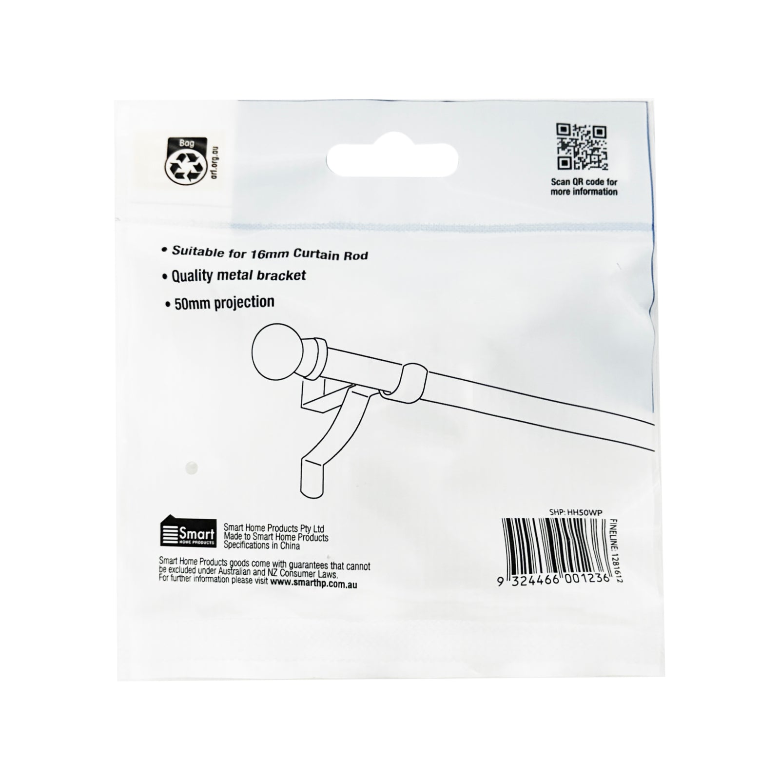 Windoware 50mm White Single Stayed Curtain Rod Bracket - Metal, 2 Pack