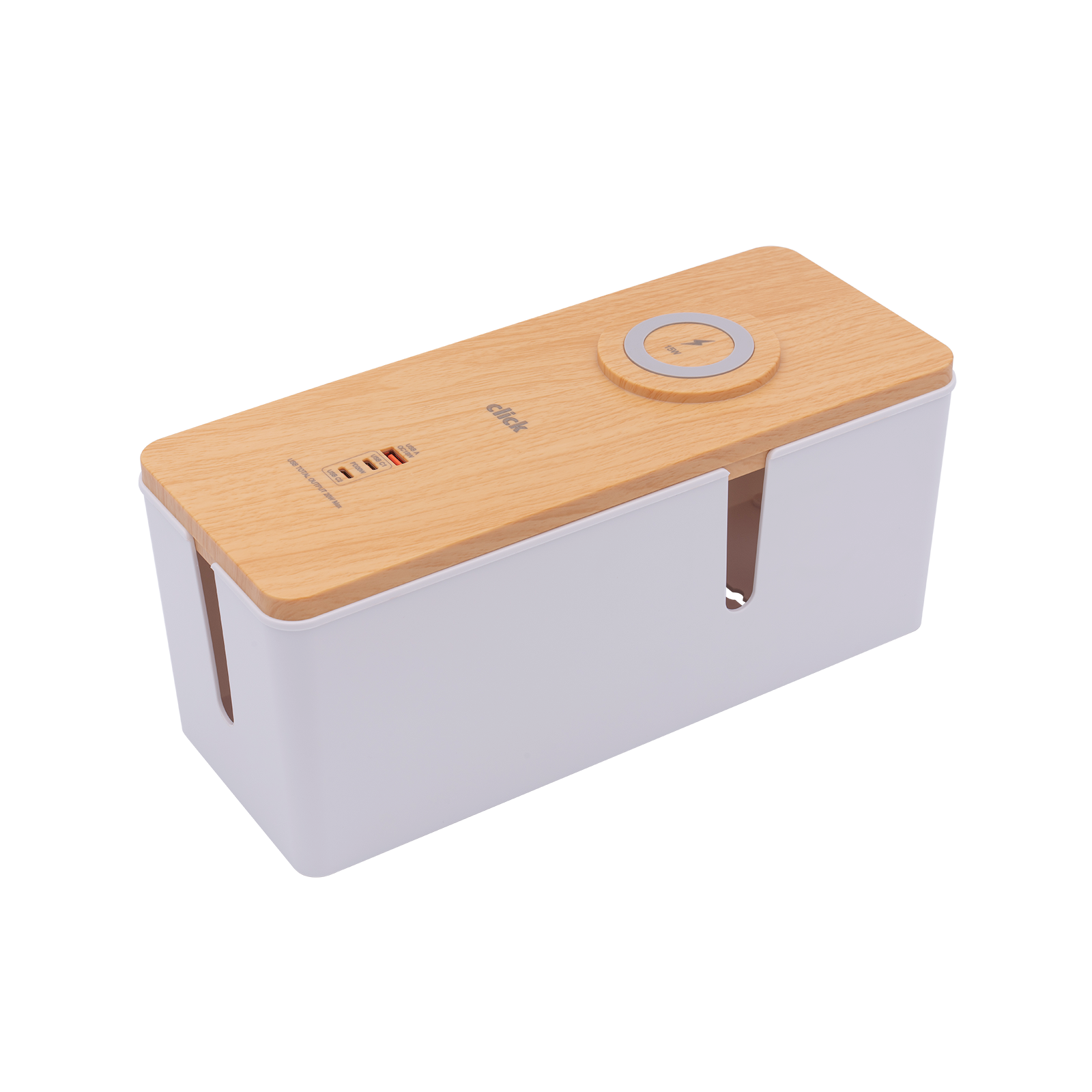 Click Cable Management Box with USB and Wireless Charger Wood-Look Lid CMB300WUPD