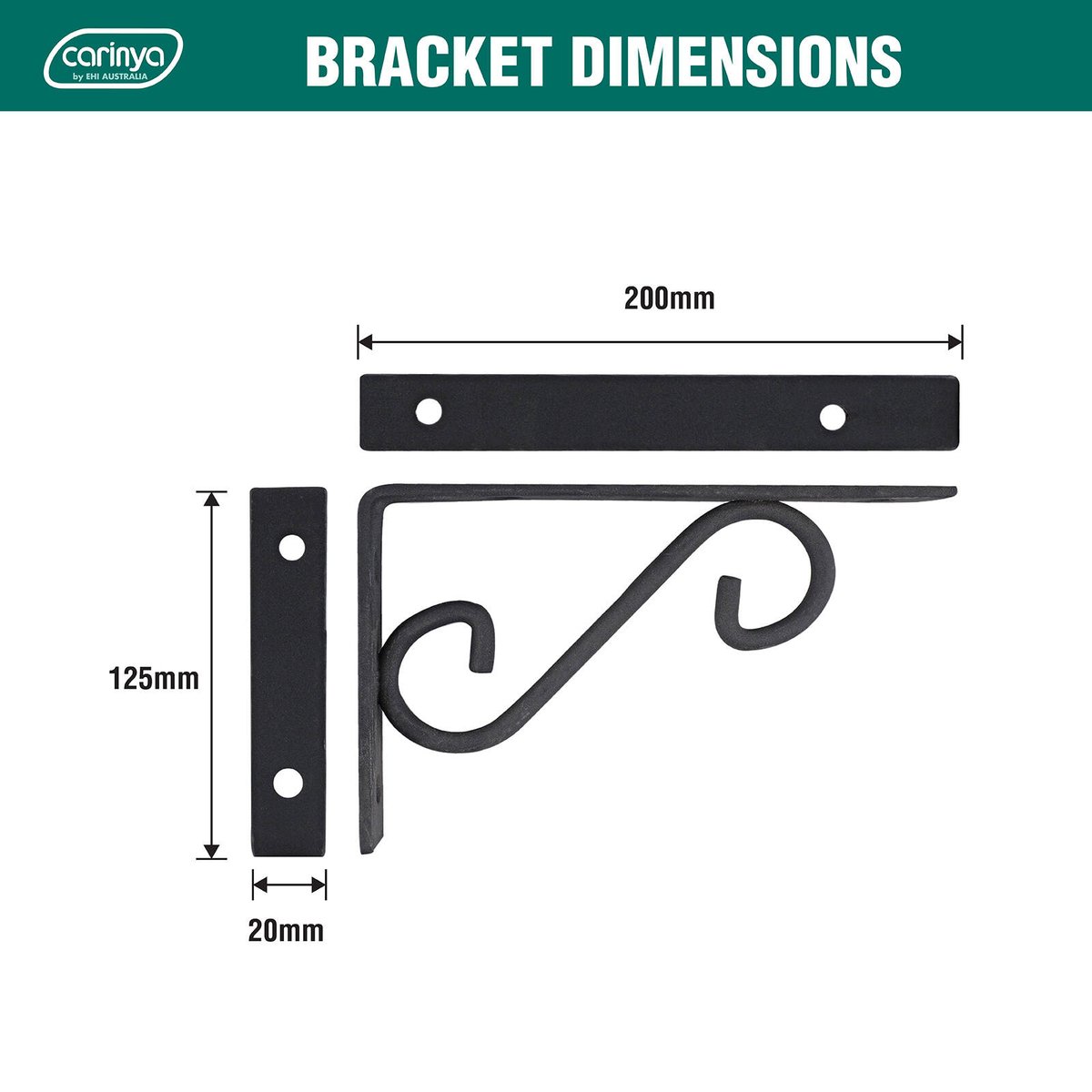 Carinya Scroll Stayed Bracket - 200 x 125mm - Powder Coated Steel - Black - SuperSaverAU - view 4