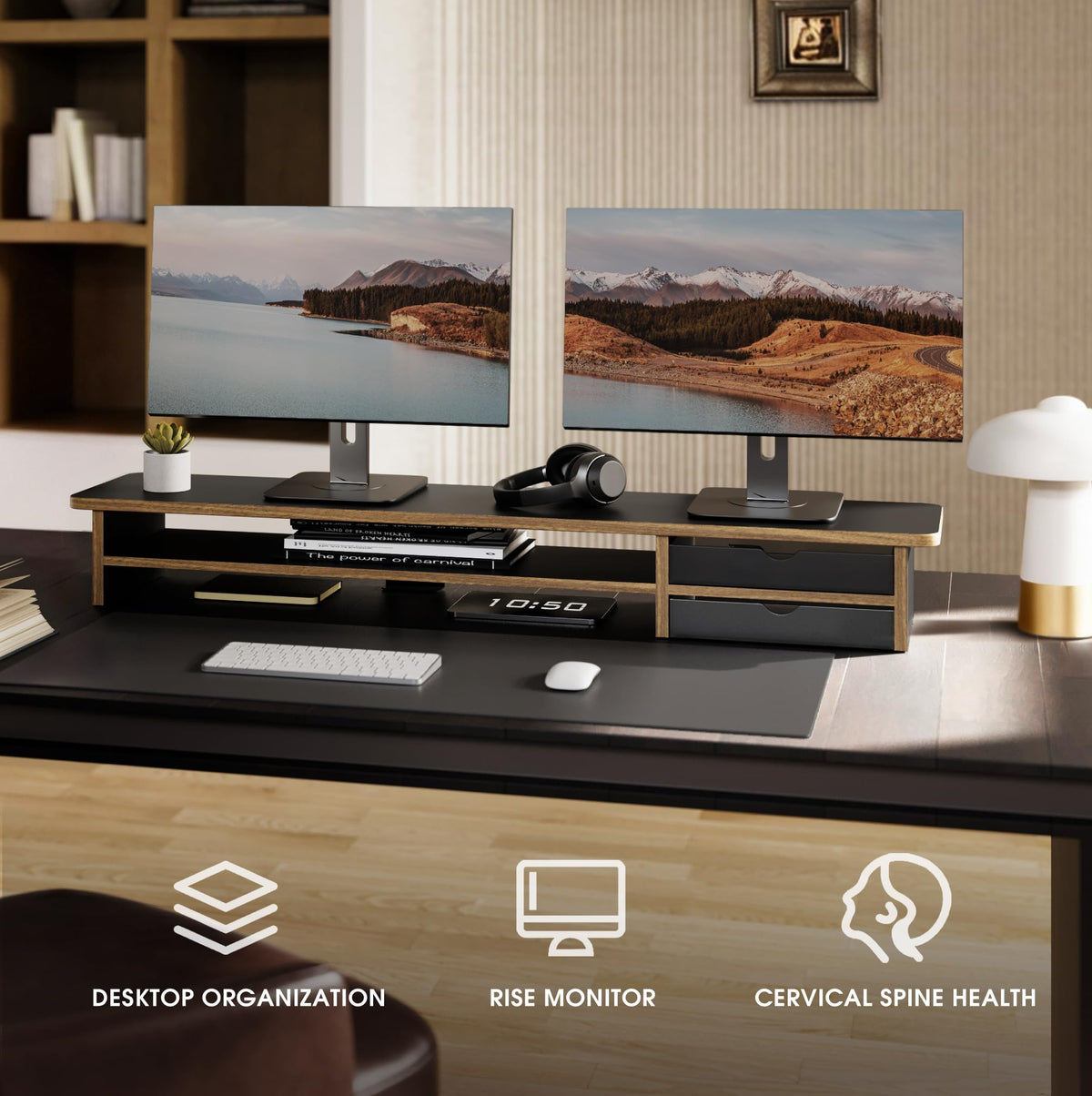 Dual Monitor Riser with Drawers 42.5 Inch - Black - 2 Tier Desktop Organiser, 15mm Wood Panel, Holds 45kg