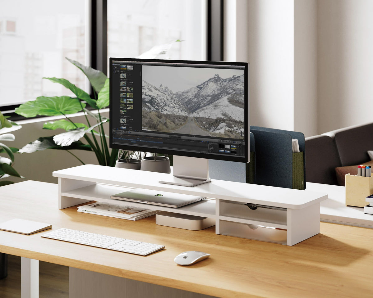Dual Monitor Riser with Drawers 42.5 Inch - White - 2 Tier Desktop Organiser, 15mm Wood Panel, Holds 45kg