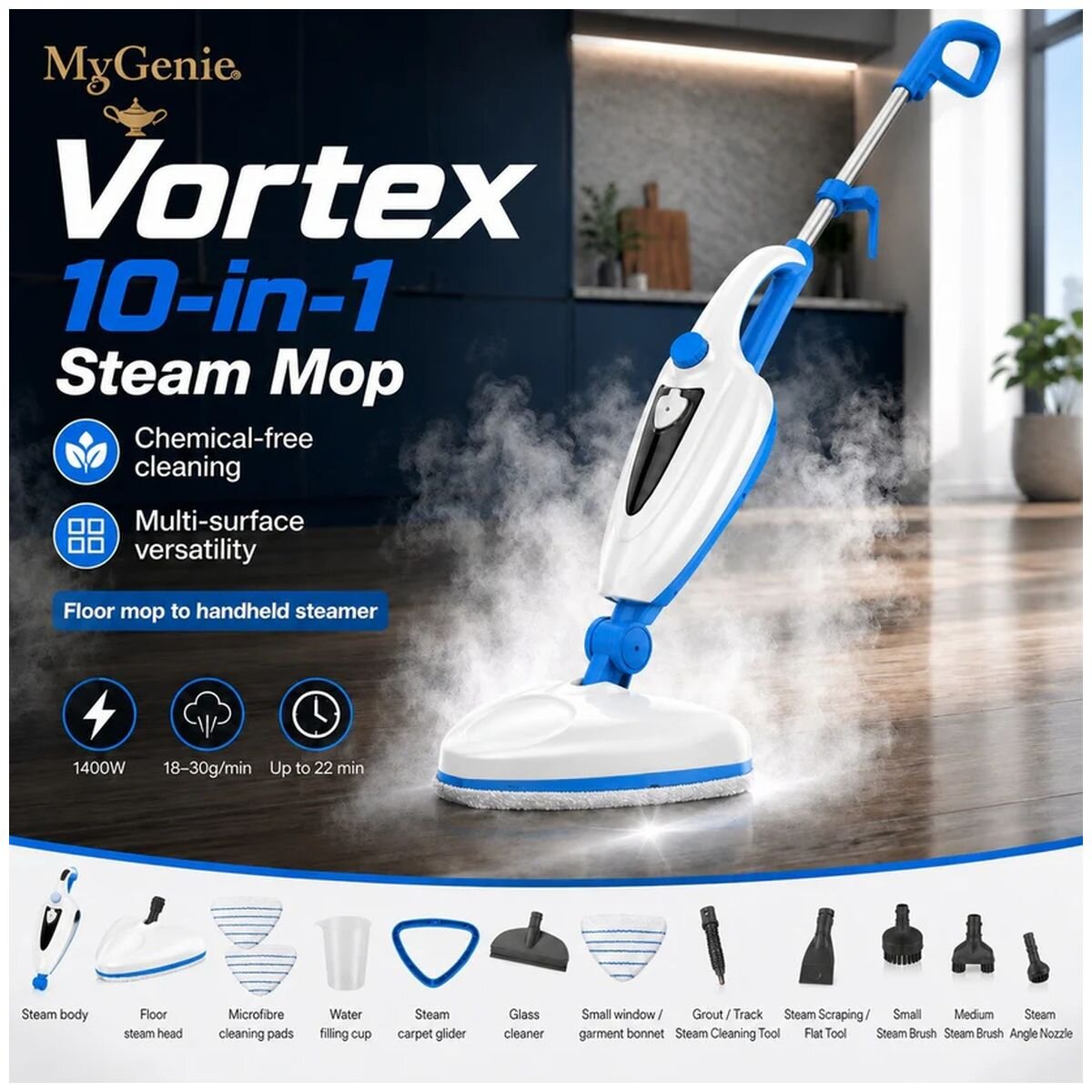 MyGenie Vortex 10-in-1 Steam Mop - 1400W - Multi-Surface Cleaner and Handheld Steamer - Blue - 10005879