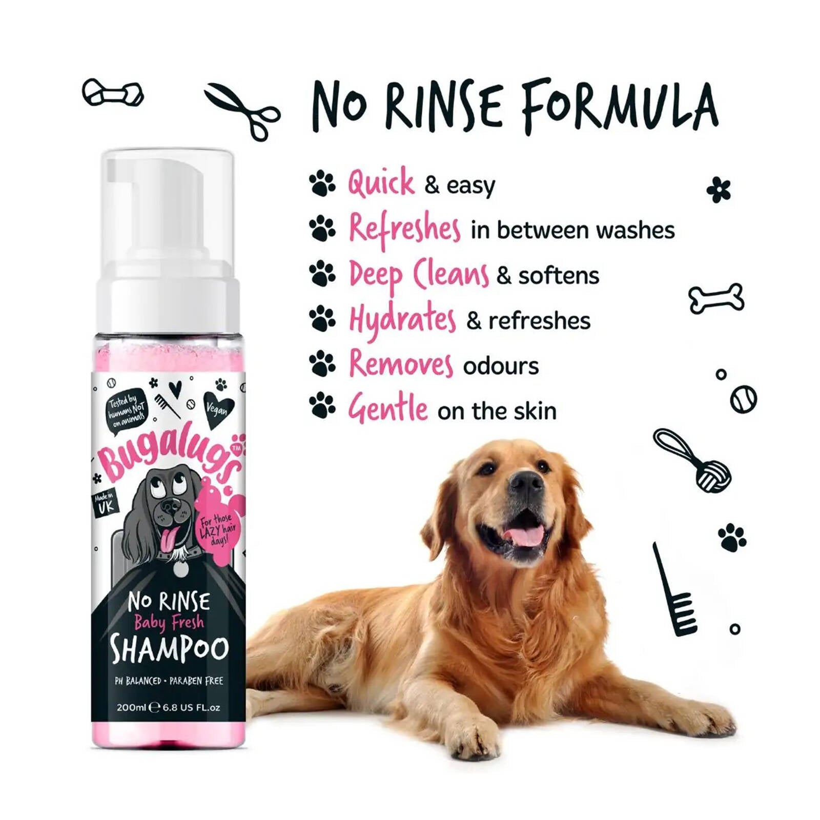 Bugalugs No Rinse Baby Fresh Dog Shampoo 200ml, Waterless Foam