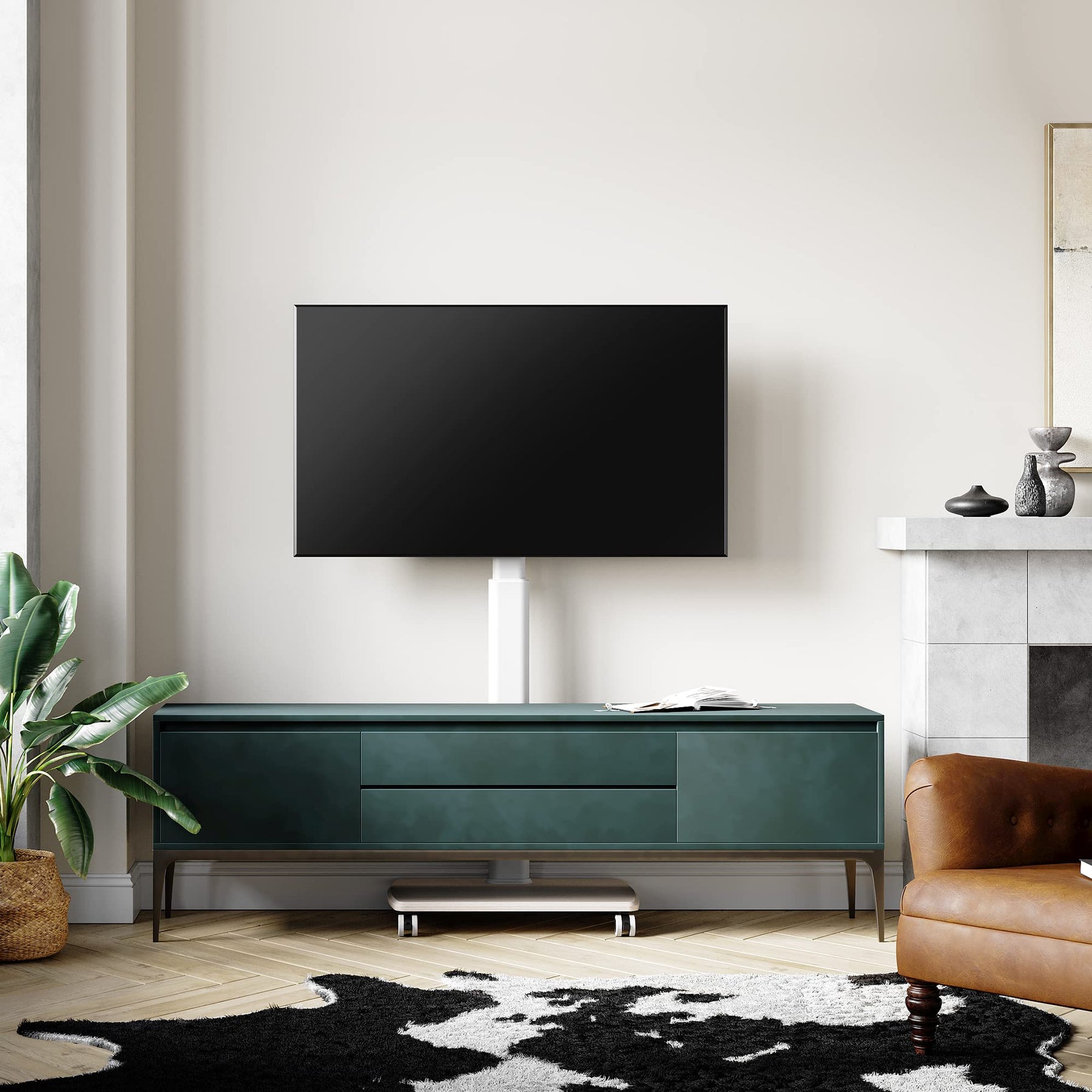 Tall Mobile TV Stand with Wood Base for 32-65 Inch TVs - White - Swivel Mount, Height Adjustable, on Wheels