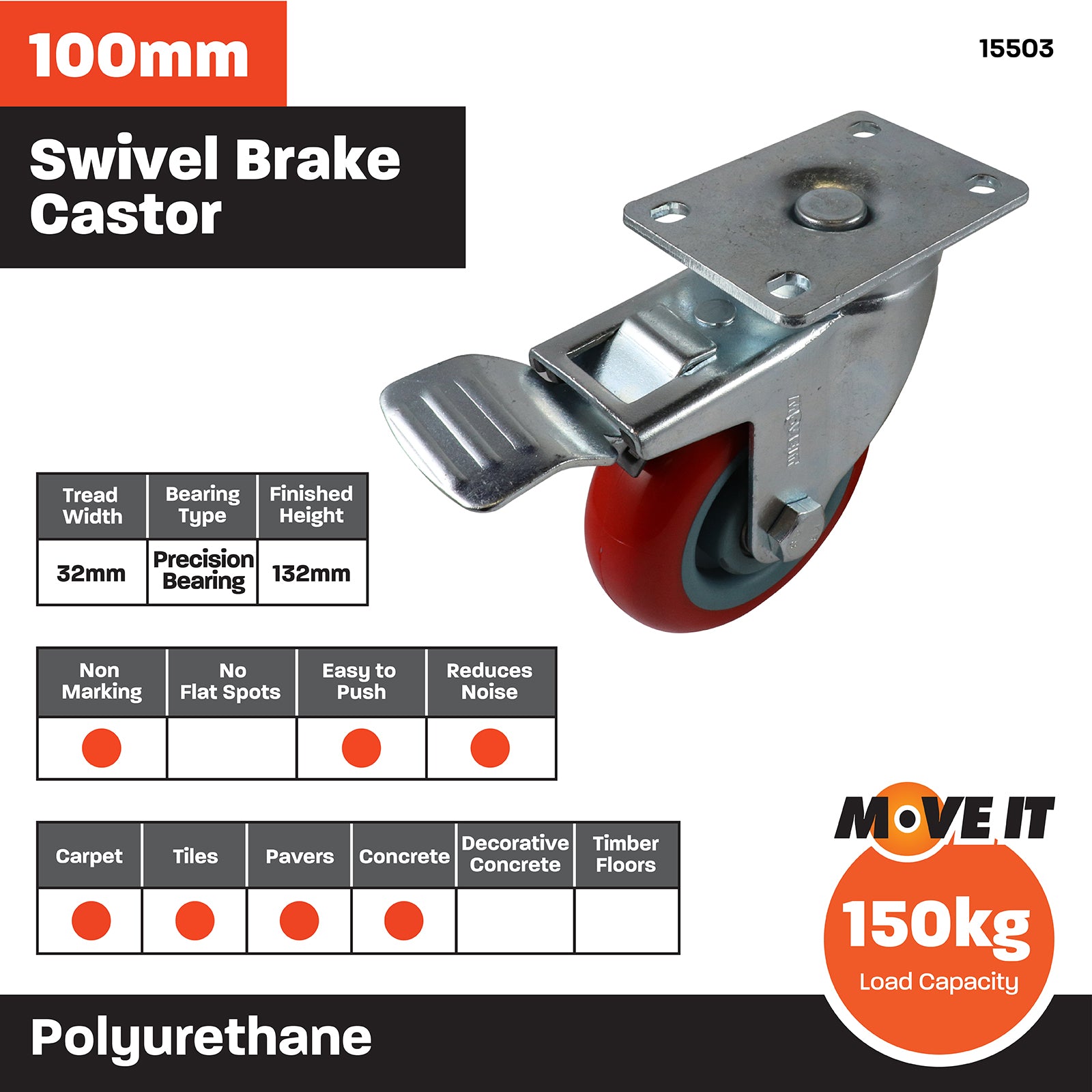 Move It 100mm Polyurethane Swivel Brake Castor 150kg Indoor Outdoor