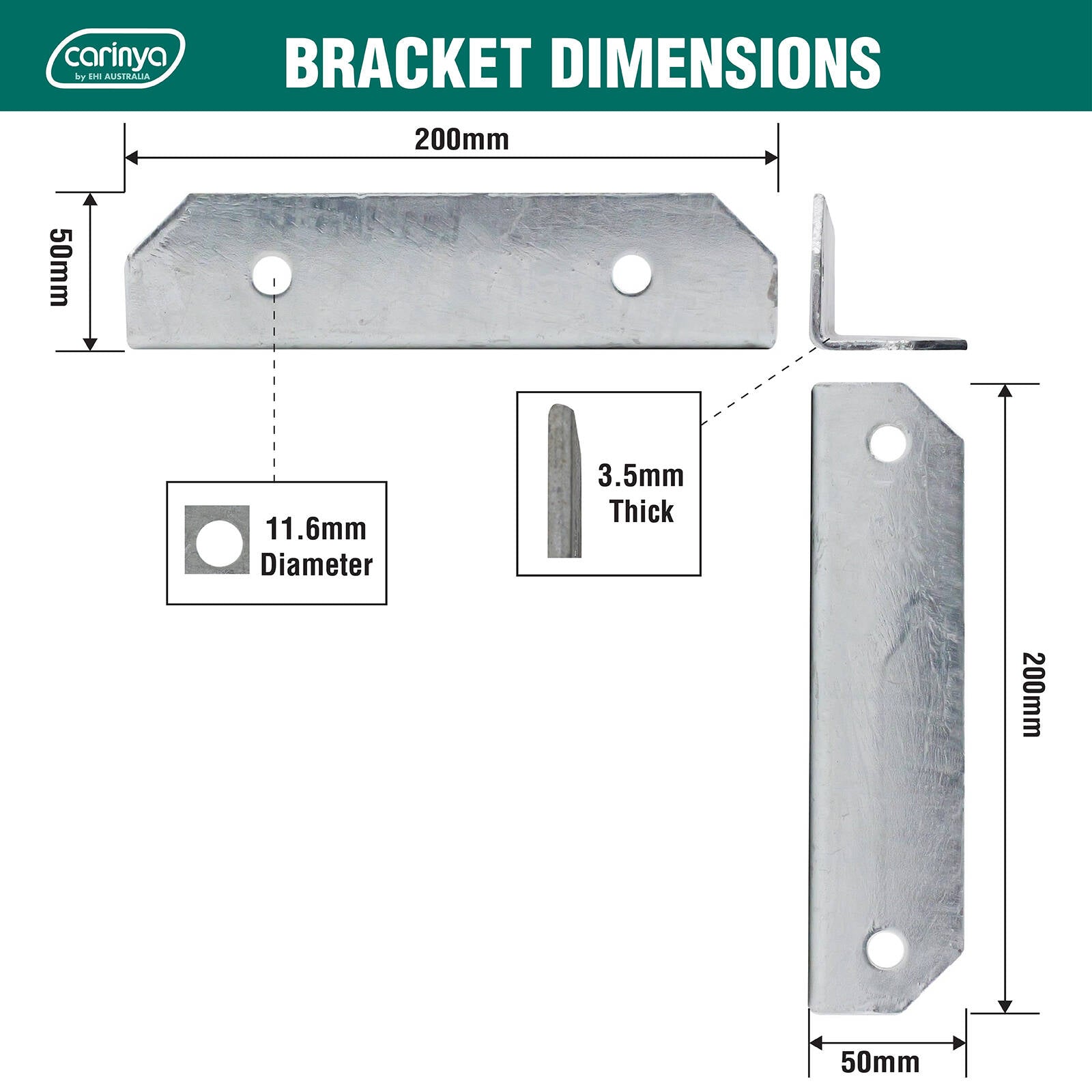 Carinya 50 x 50 x 200 x 3.5mm Galvanised Steel Stair Rail Reinforcing Bracket