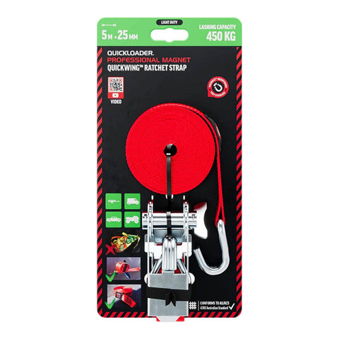 Quickloader Hybrid Ratchet Tie Down Strap 5m 450kg - Red