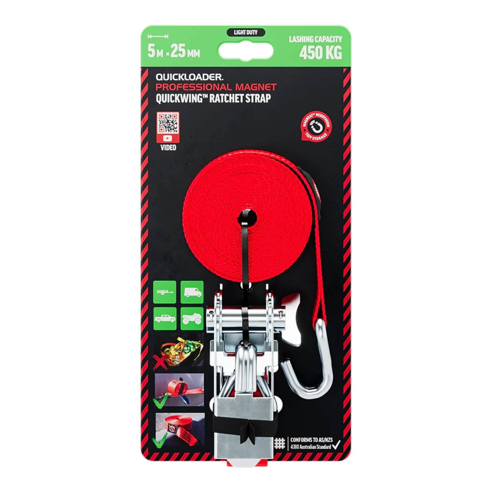 Quickloader Hybrid Ratchet Tie Down Strap 5m 450kg - Red