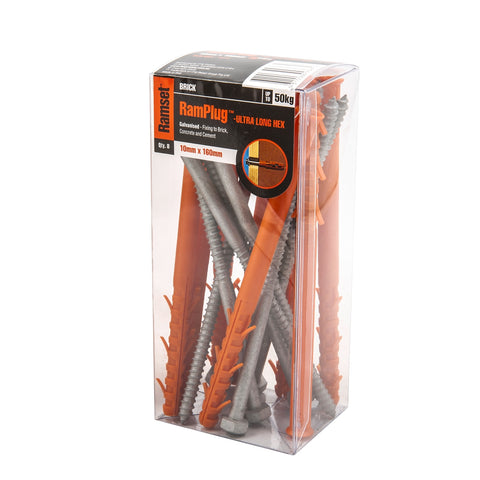 Ramset RamPlug Ultra-Long 10 x 160mm Hex Galvanised Frame Anchor 8 Pack - Nylon