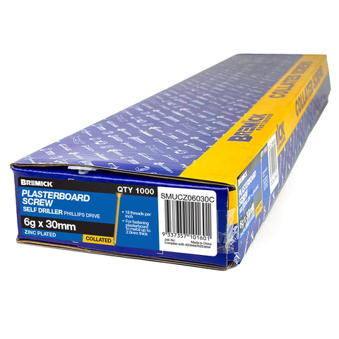 Bremick Collated Plasterboard Screws 6g x 30mm Yellow Zinc Bugle Head Fine Thread 1000 Pack