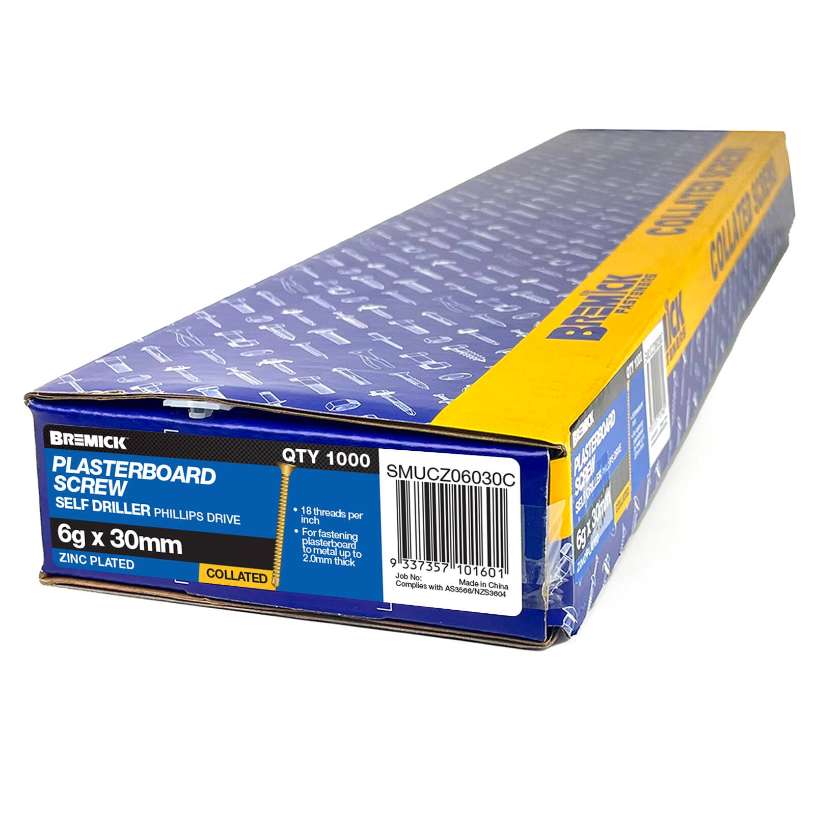 Bremick Collated Plasterboard Screws 6g x 30mm Yellow Zinc Bugle Head Fine Thread 1000 Pack