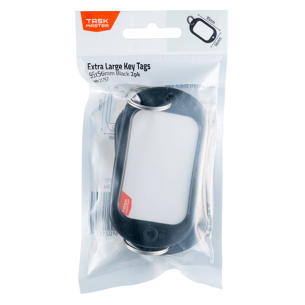 Taskmaster Black Extra Large Key Tags with Write-On Window 95 x 56mm - 2 Pack