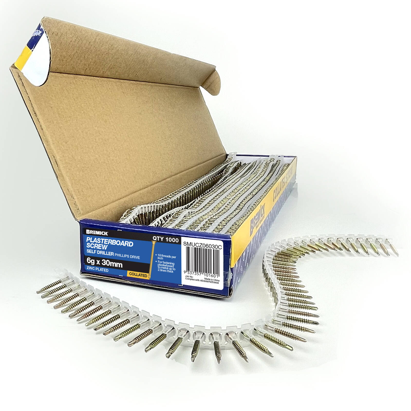 Bremick Collated Plasterboard Screws 6g x 30mm Yellow Zinc Bugle Head Fine Thread 1000 Pack