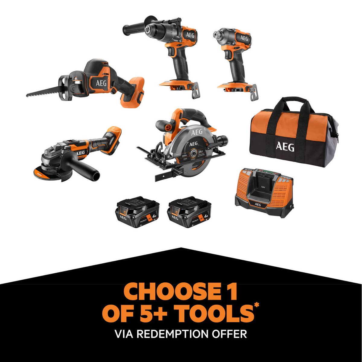 AEG 18V Fusion Brushless 5-Piece Kit - 4.0Ah - Includes Circular Saw, Impact Driver, Hammer Drill, Recip Saw, Grinder - SuperSaverAU - view 1