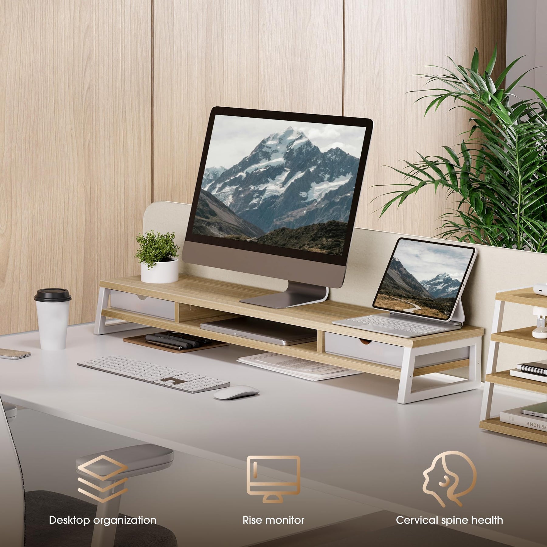 Dual Monitor Stand with Drawers 42.5 Inch - Oak - 2 Tier Wooden Desk Riser, 3 Compartments, 2 Frosted Acrylic Drawers
