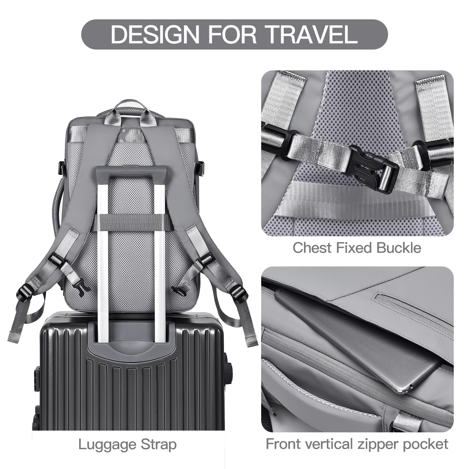 Travel Laptop Backpack 16" with USB Charging Port - Grey