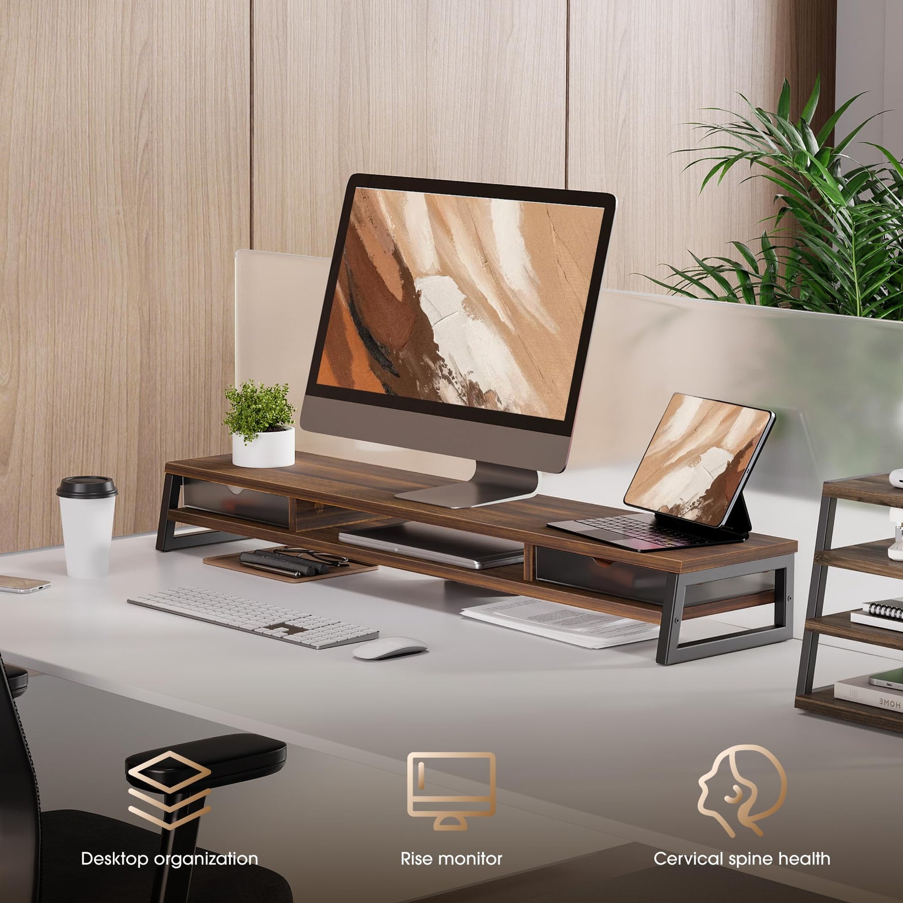 Dual Monitor Stand with Drawers 42.5 Inch - Brown - 2 Tier Wooden Desk Riser, 3 Compartments, 2 Frosted Acrylic Drawers
