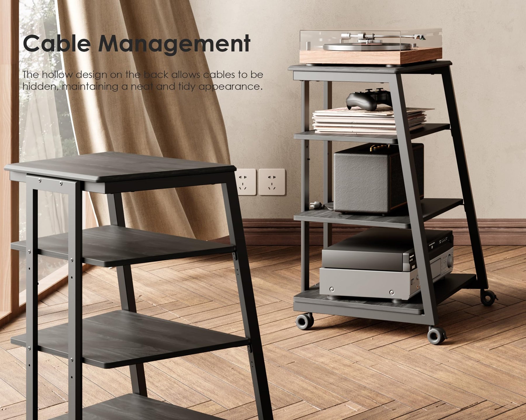4 Tier Media Stand - Black - Adjustable Corner Shelf for Turntable, Console, AV Receiver and Speakers