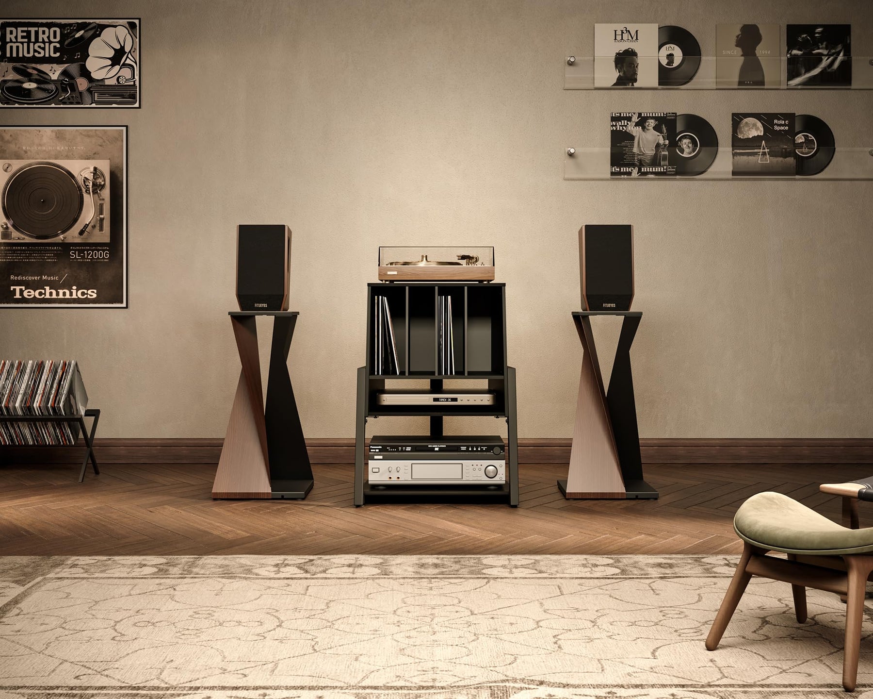 Vinyl Record Player Stand - Black - Holds up to 120 Records, Turntable Cabinet with Storage, Eiffel Series