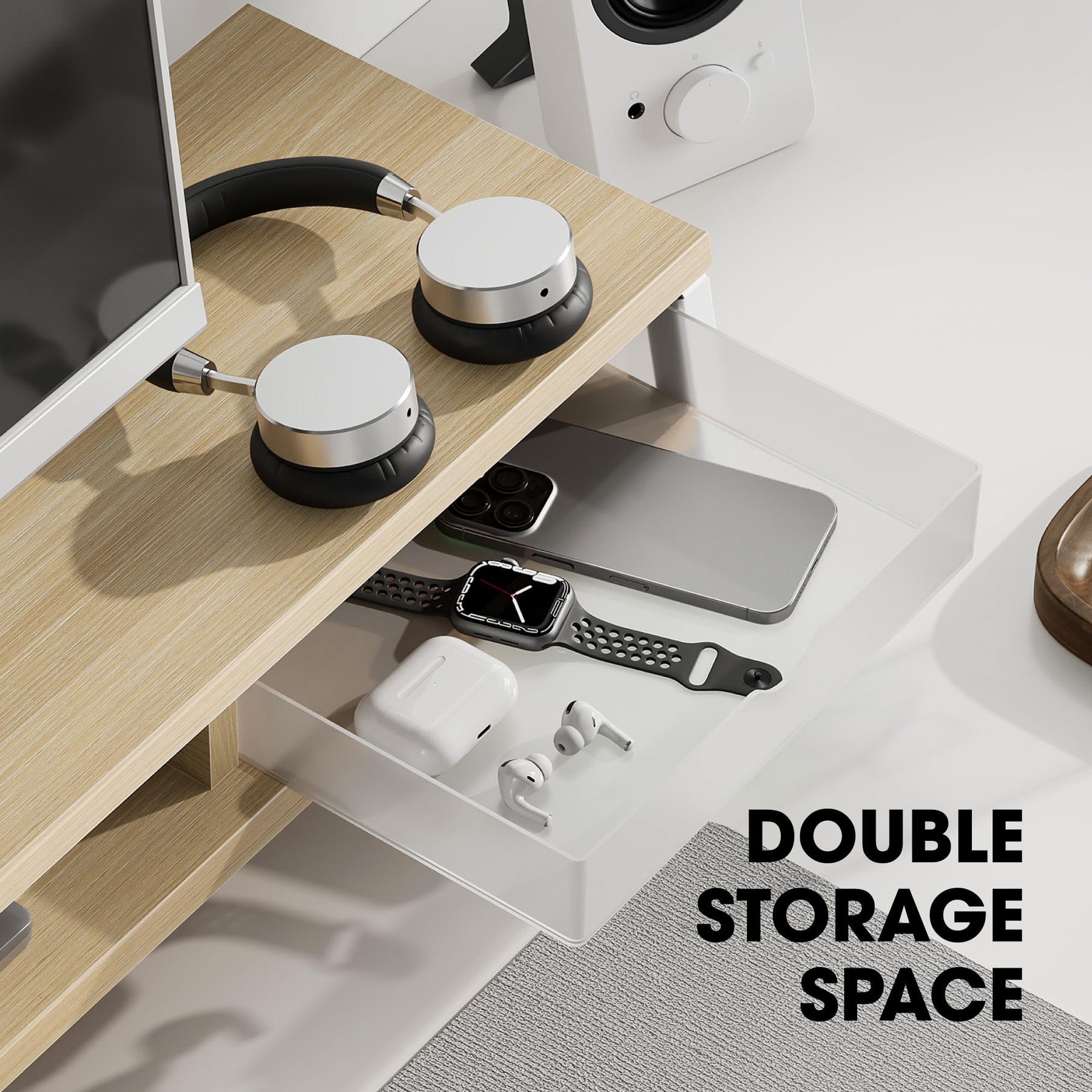 Dual Monitor Stand with Drawers 42.5 Inch - Oak - 2 Tier Wooden Desk Riser, 3 Compartments, 2 Frosted Acrylic Drawers