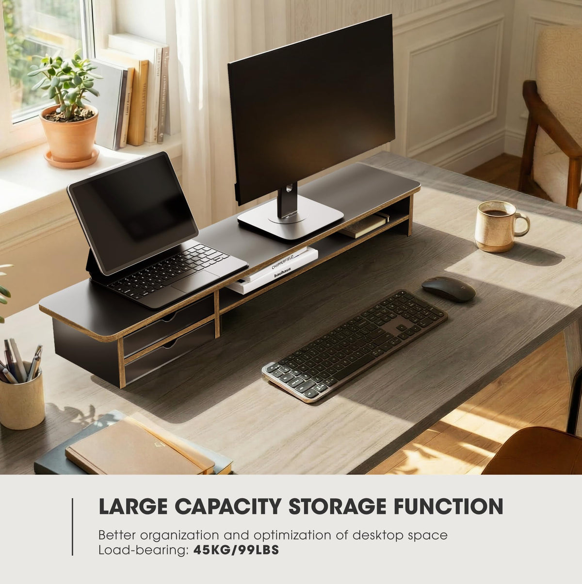 Dual Monitor Riser with Drawers 42.5 Inch - Black - 2 Tier Desktop Organiser, 15mm Wood Panel, Holds 45kg
