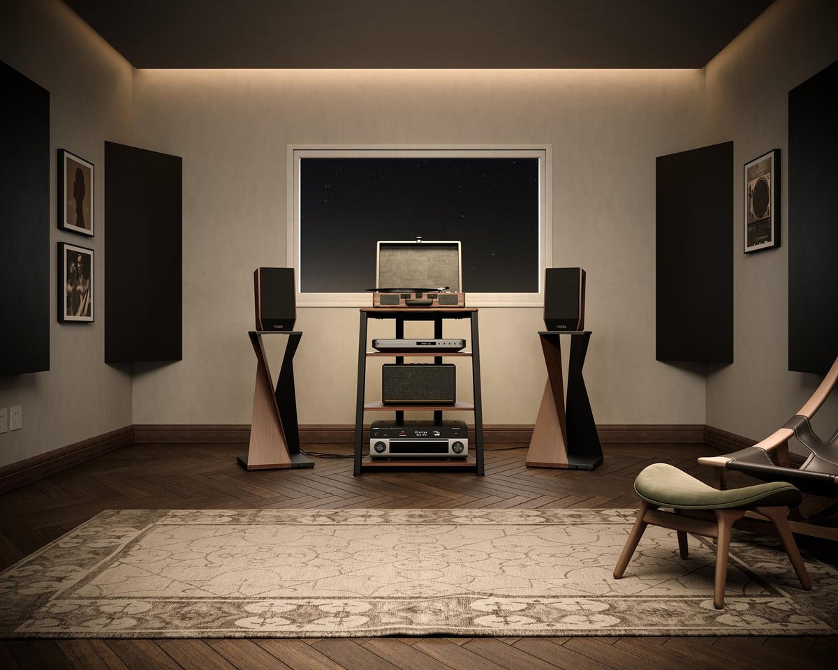4 Tier Media Stand - Walnut - Adjustable Corner Shelf for Turntable, Console, AV Receiver and Speakers