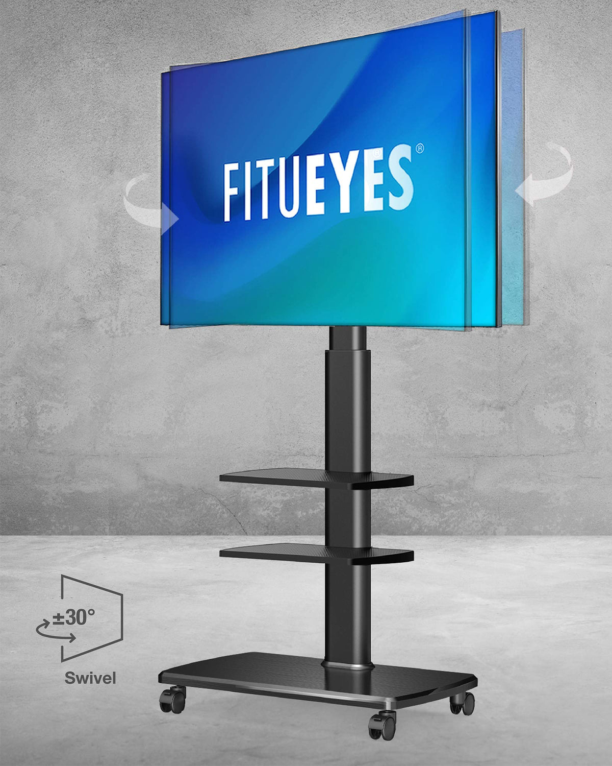 Mobile TV Stand on Wheels for 32-70 Inch TVs - Black - 3 Shelf Rolling Cart, Height Adjustable, Swivel, Holds 40kg