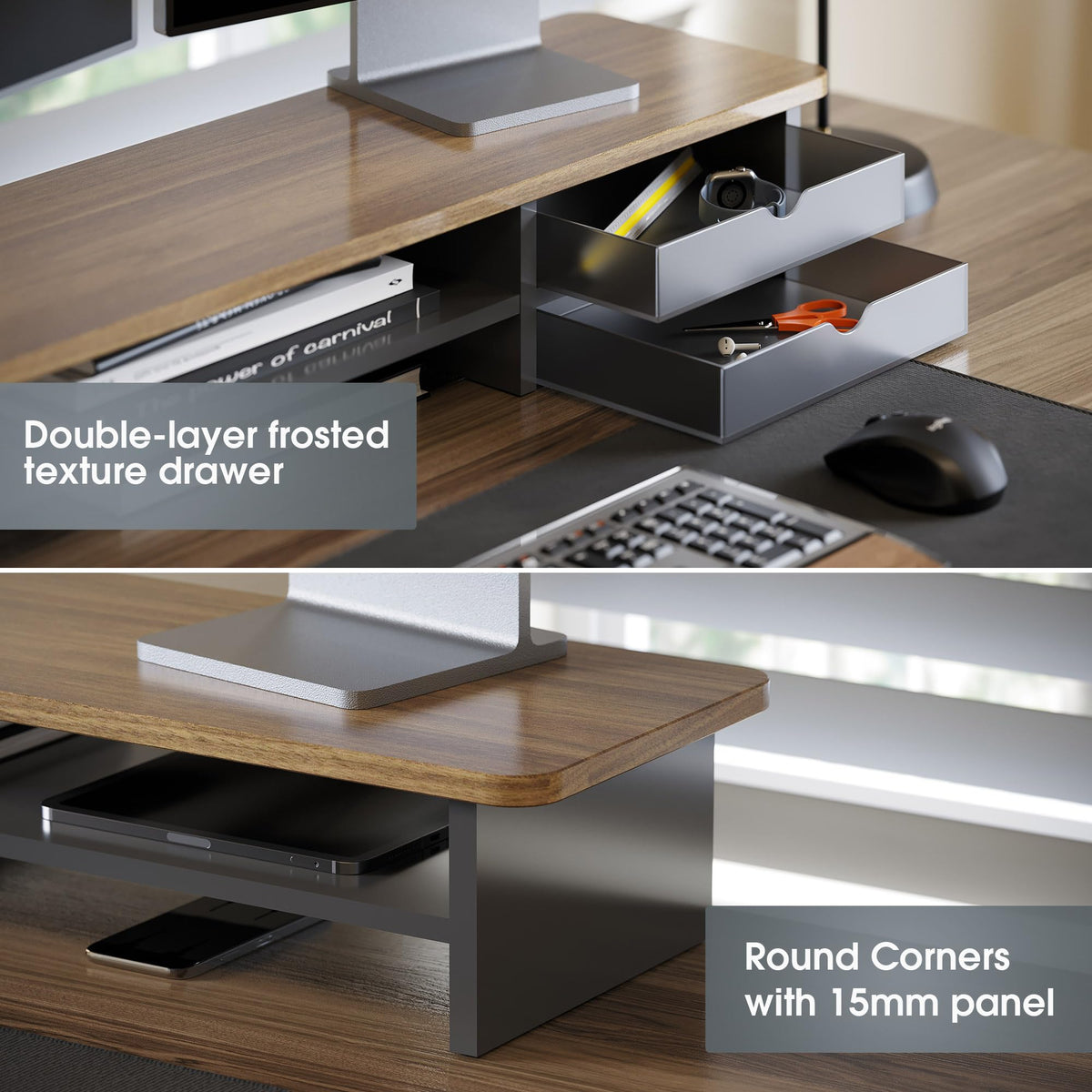 Dual Monitor Riser with Drawers 42.5 Inch - Brown - 2 Tier Desktop Organiser, 15mm Wood Panel, Holds 45kg
