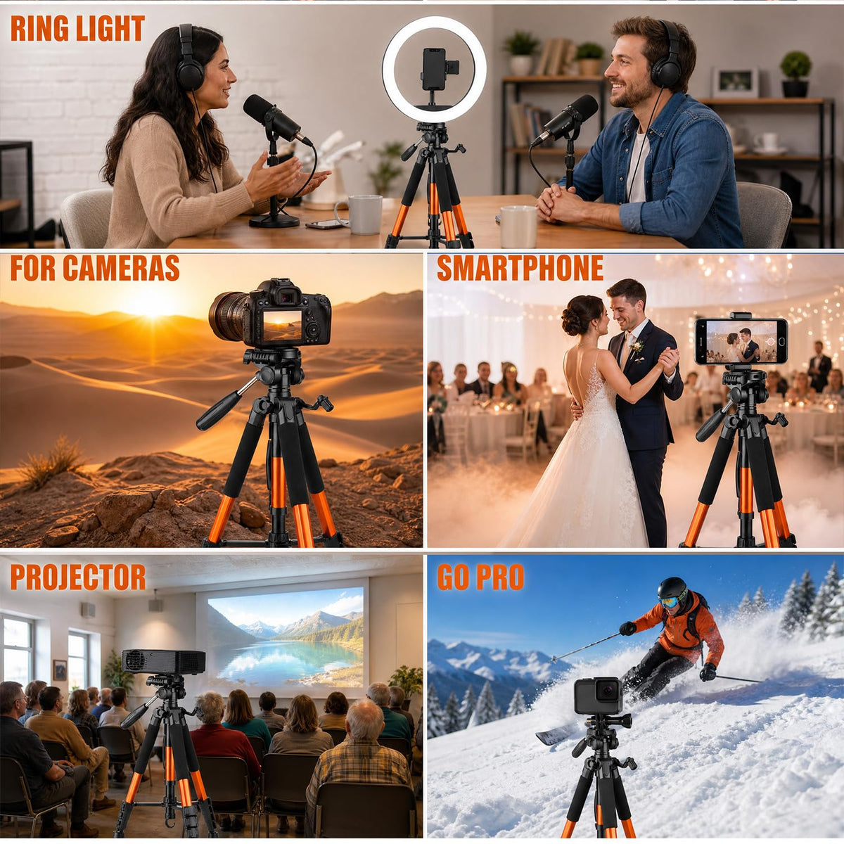 Aluminium Camera Tripod 188cm - Dual Mount, Orange