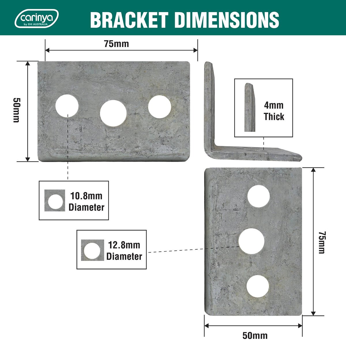 Carinya Reinforcing Angle Bracket - 50 x 50 x 75mm - Hot Dipped Galvanised - High Load Capacity - SuperSaverAU - view 4