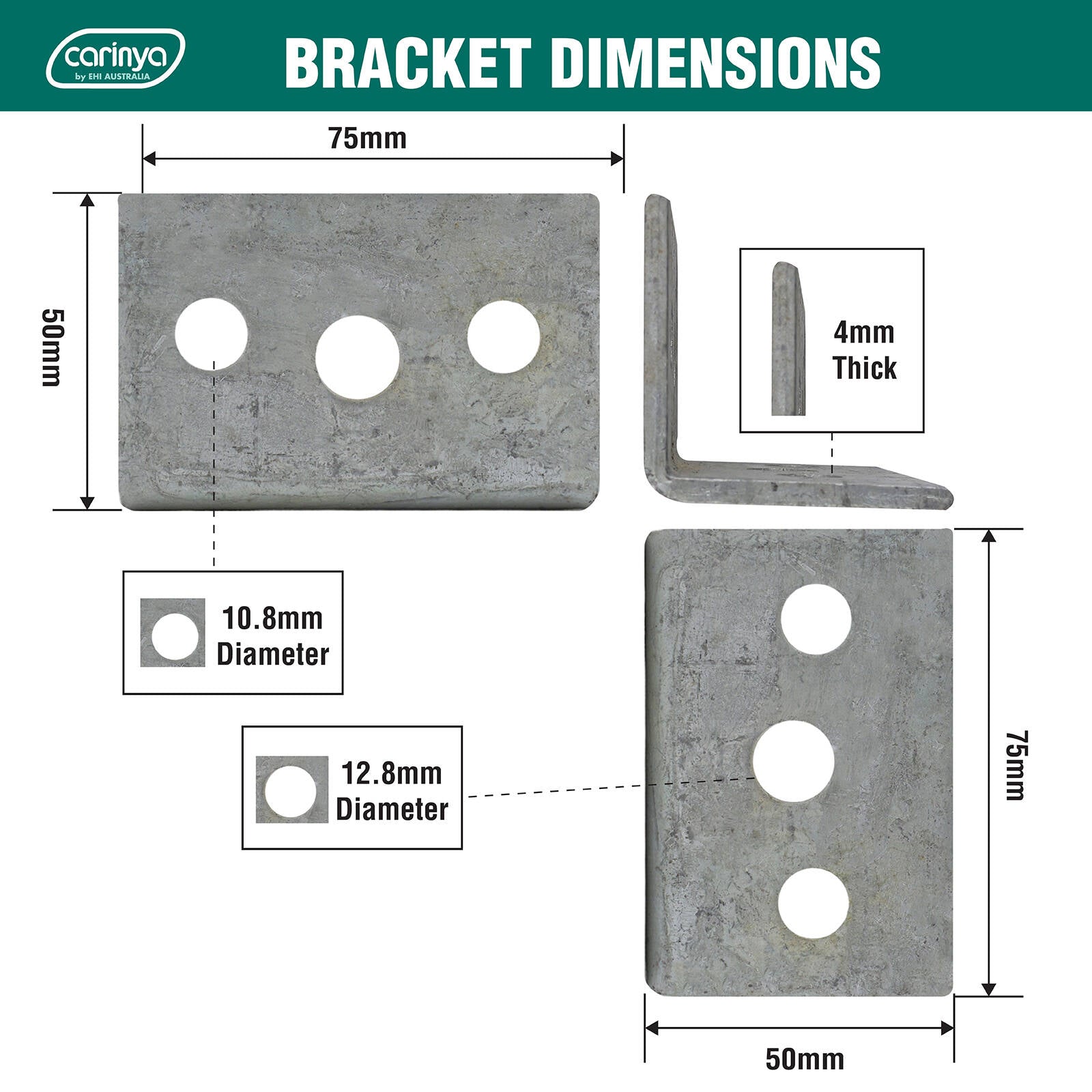 Carinya 50 x 50 x 75 x 4mm Hot Dipped Galvanised Steel Reinforcing Angle Bracket